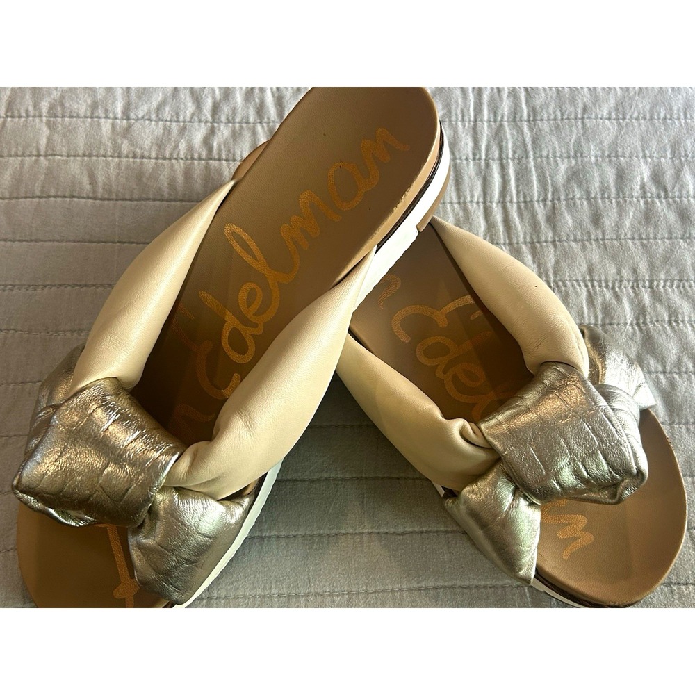 Sam Edelman Women's US 8 Beige/Gold Leather Slide Sandals w/ Bow Slip-On